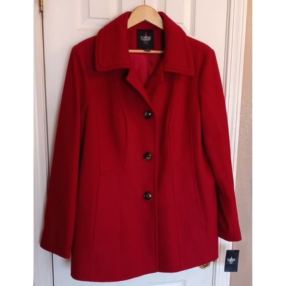London Fog Wool Blend Single Breasted Lined Pea Coat Winter Red Women XL - Picture 2 of 12